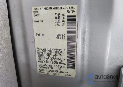 2017 Nissan Maxima 3.5 Platinum z USA, uszkodzony, nr VIN 1N4AA6AP6HC367016